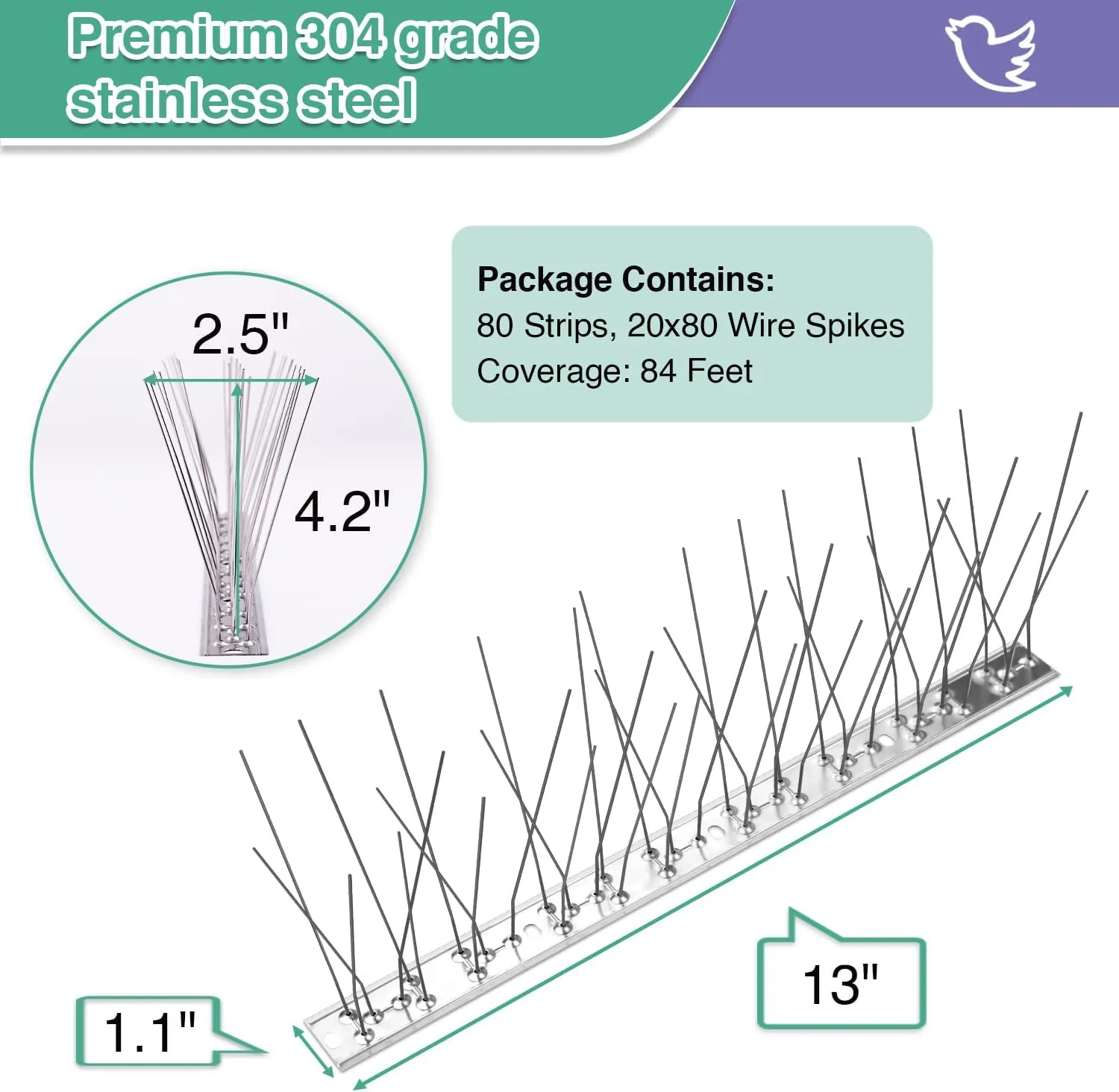 XPCARE 84 Feet Bird Spikes, Stainless Steel Bird Spikes Fence Spikes for Crow Robin Pigeon Squirrel Raccoon Defender Spikes (80 Packs)