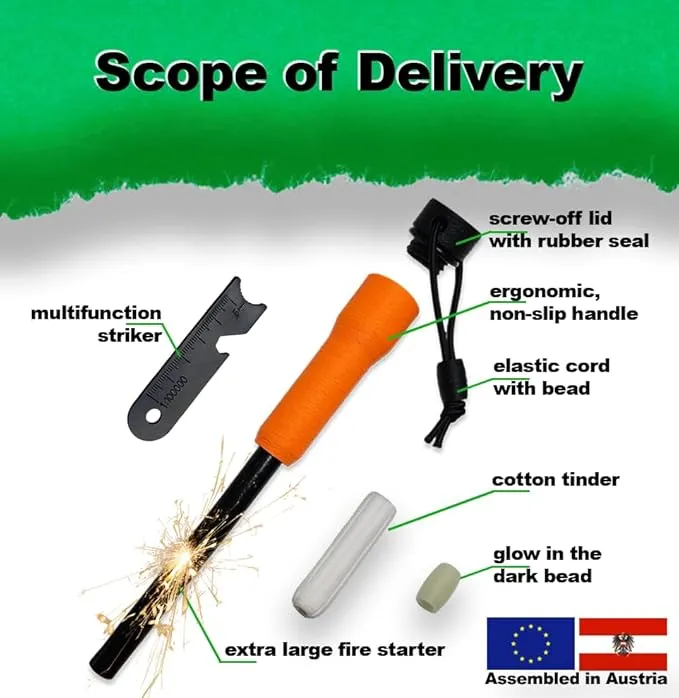 XXL Monster Fire Steel, fire starter kit, camping essentials, survival kit, outdoor, bushcraft, tinder compartment organizer, striker, glow in The dark,
