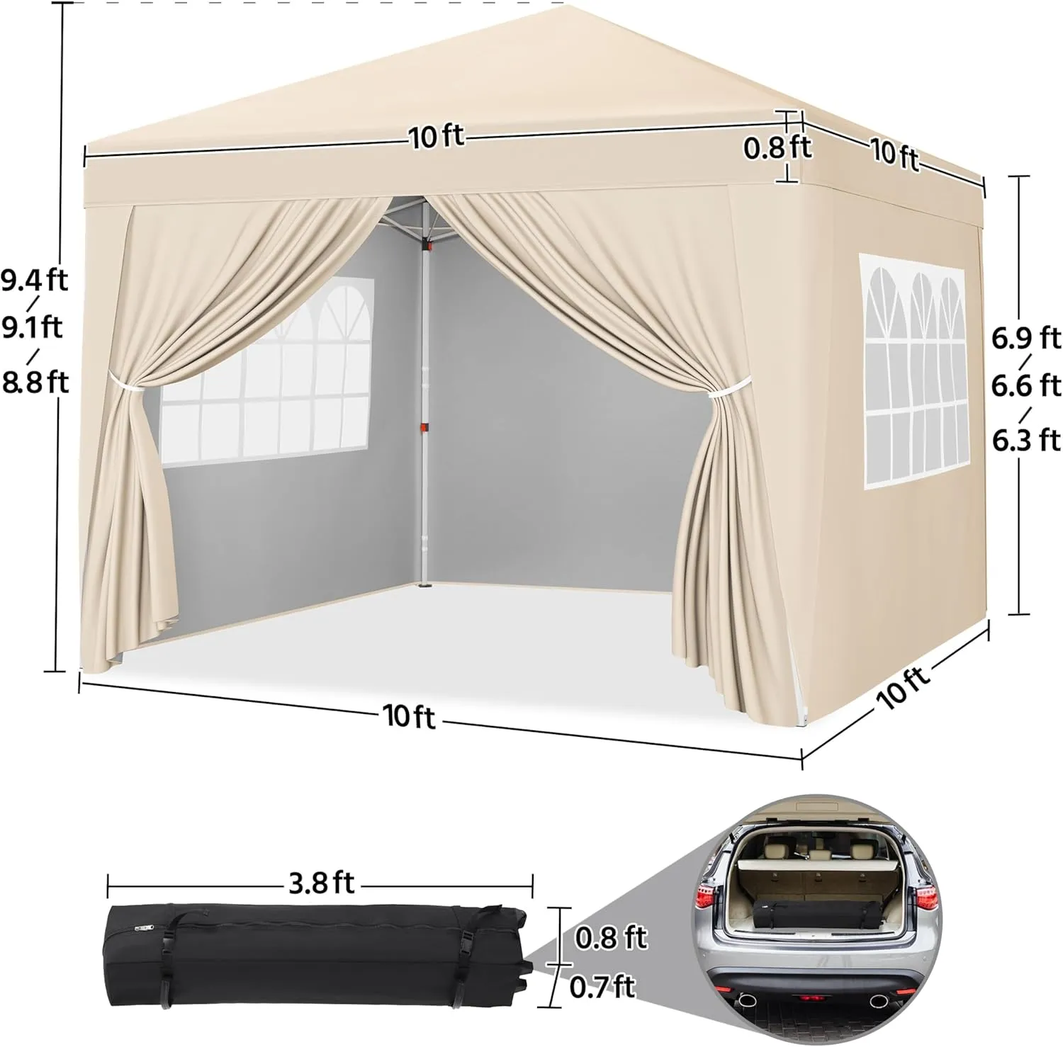 Yaheetech 10x10 Pop Up Canopy with 4 Removable Sidewalls, Portable Enclosed Instant Tent, Waterproof Outdoor Tent, Beach Sun Shelter with 4 Sandbags, 12 Stakes & 4 Ropes, Beige
