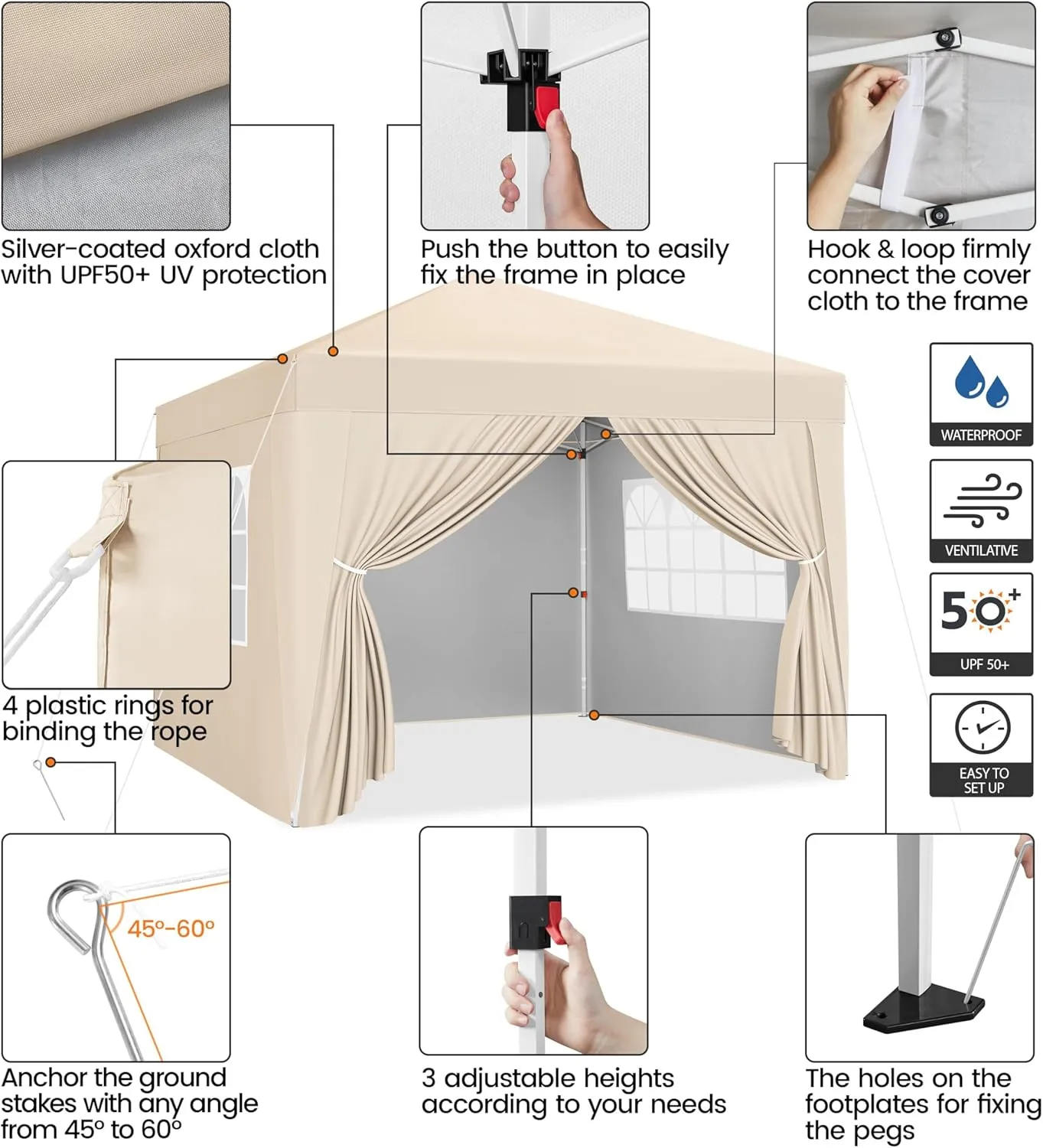 Yaheetech 10x10 Pop Up Canopy with 4 Removable Sidewalls, Portable Enclosed Instant Tent, Waterproof Outdoor Tent, Beach Sun Shelter with 4 Sandbags, 12 Stakes & 4 Ropes, Beige