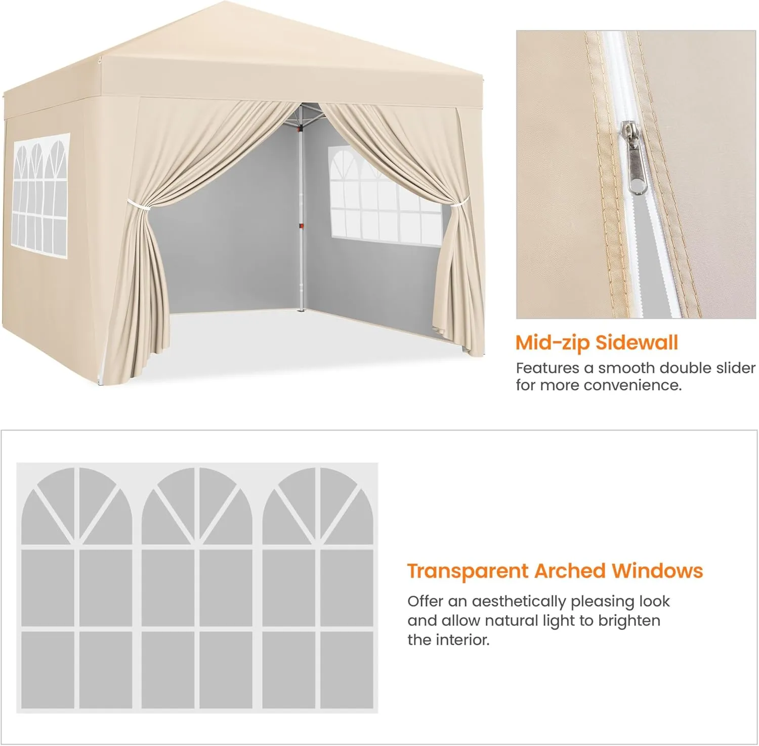 Yaheetech 10x10 Pop Up Canopy with 4 Removable Sidewalls, Portable Enclosed Instant Tent, Waterproof Outdoor Tent, Beach Sun Shelter with 4 Sandbags, 12 Stakes & 4 Ropes, Beige
