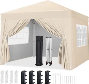 Yaheetech 10x10 Pop Up Canopy with 4 Removable Sidewalls, Portable Enclosed Instant Tent, Waterproof Outdoor Tent, Beach Sun Shelter with 4 Sandbags, 12 Stakes & 4 Ropes, Beige