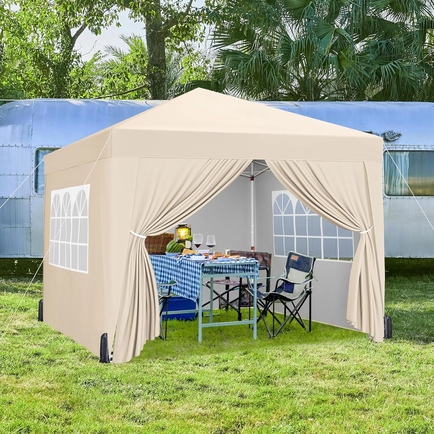Yaheetech 10x10 Pop Up Canopy with 4 Removable Sidewalls, Portable Enclosed Instant Tent, Waterproof Outdoor Tent, Beach Sun Shelter with 4 Sandbags, 12 Stakes & 4 Ropes, Beige