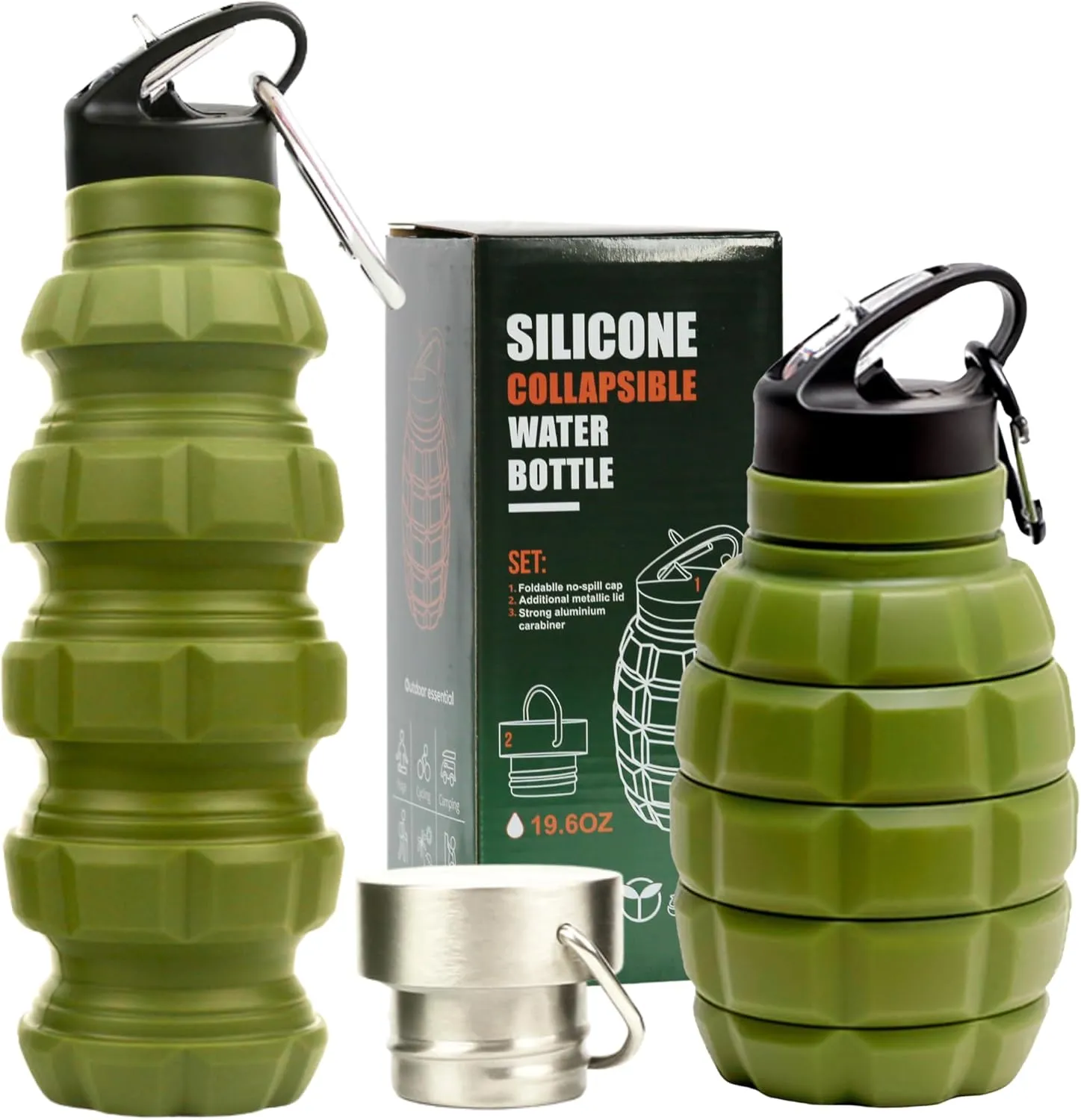 YARO Collapsible Water Bottles, 20oz Water Bottle with 2 Lids and Carabiner, Green Travel Water Bottle, Silicone Water Bottle BPA-Free, Slim Foldable Hiking Bottle