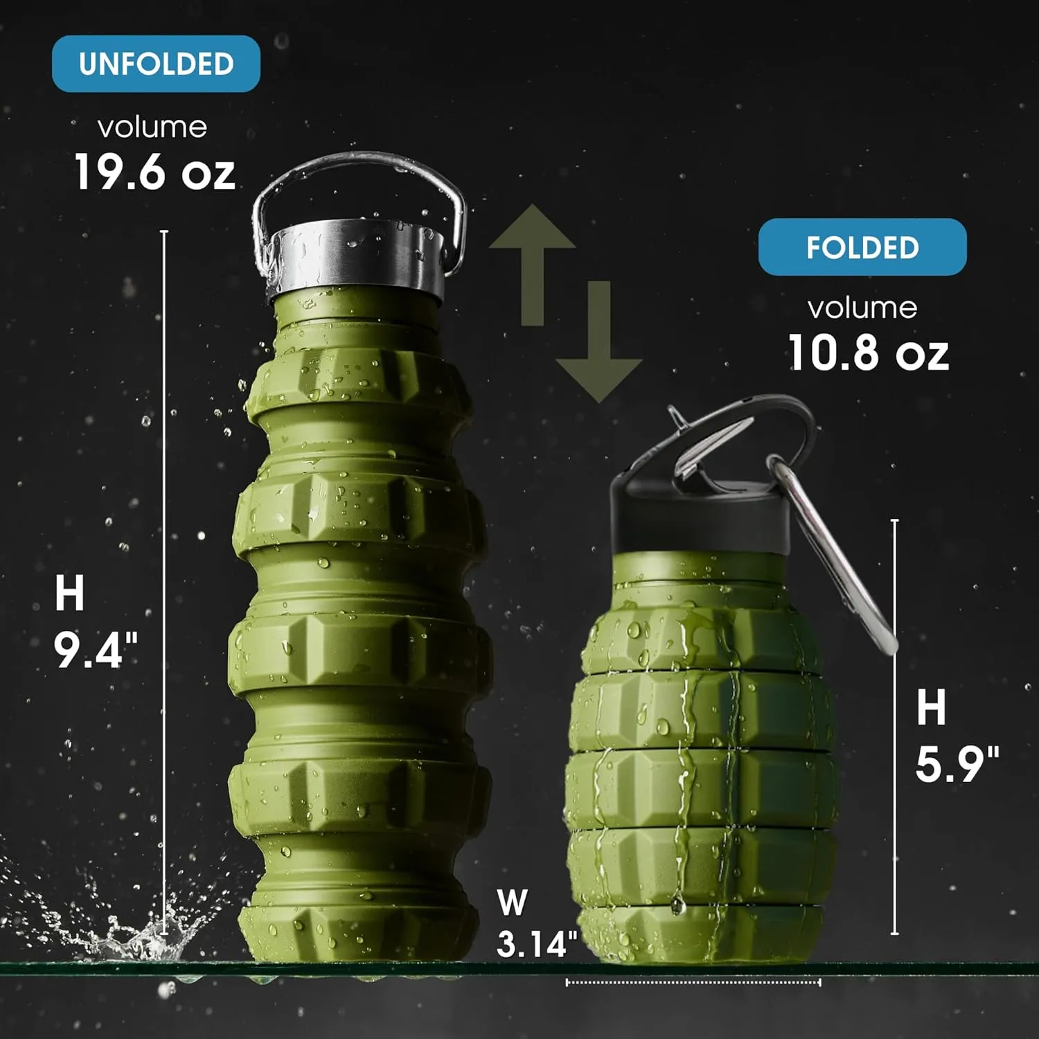 YARO Collapsible Water Bottles, 20oz Water Bottle with 2 Lids and Carabiner, Green Travel Water Bottle, Silicone Water Bottle BPA-Free, Slim Foldable Hiking Bottle