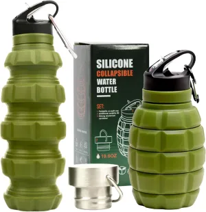YARO Collapsible Water Bottles, 20oz Water Bottle with 2 Lids and Carabiner, Green Travel Water Bottle, Silicone Water Bottle BPA-Free, Slim Foldable Hiking Bottle