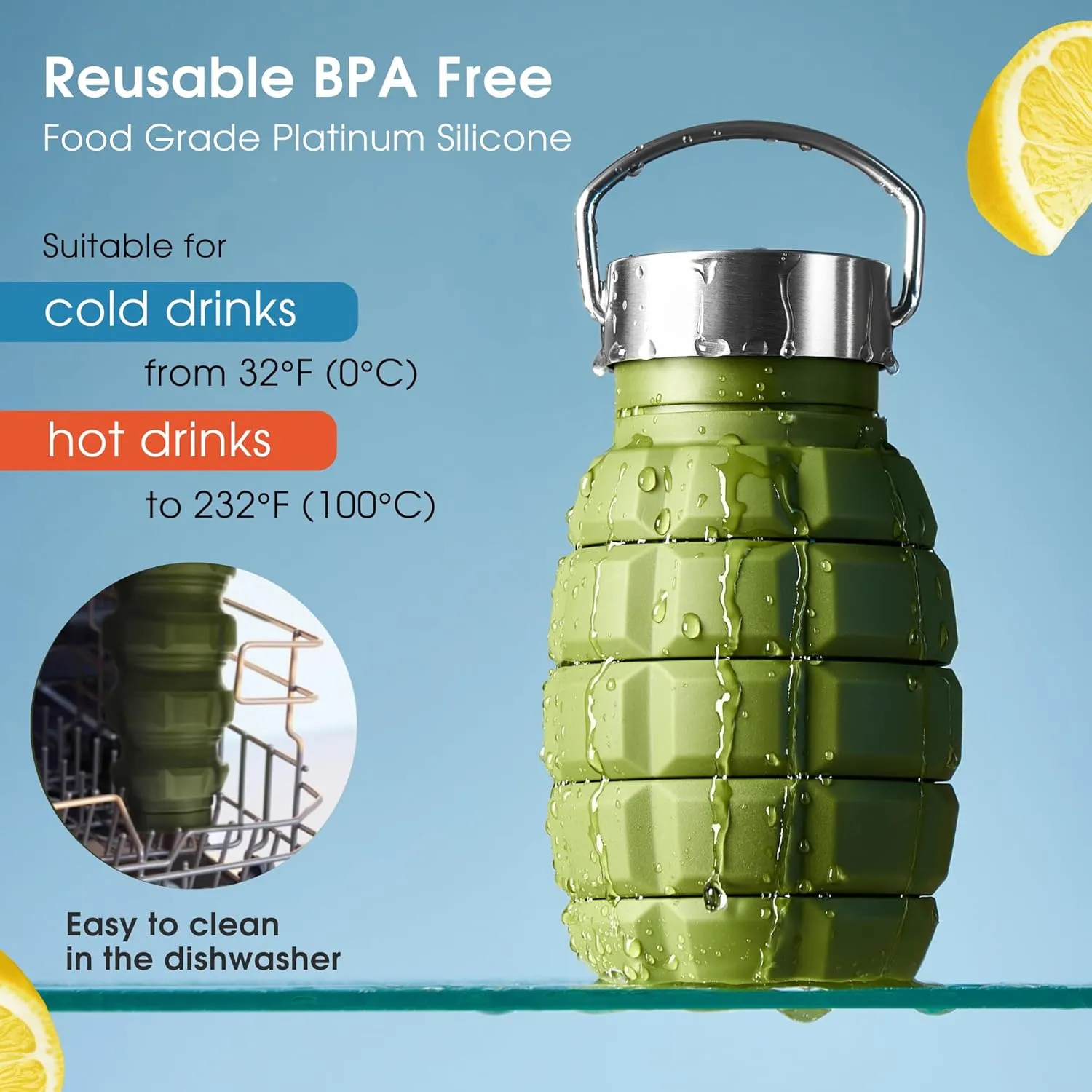 YARO Collapsible Water Bottles, 20oz Water Bottle with 2 Lids and Carabiner, Green Travel Water Bottle, Silicone Water Bottle BPA-Free, Slim Foldable Hiking Bottle