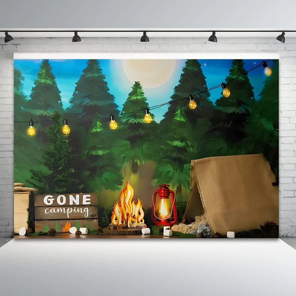 Yeele 10x8ft Gone Camping Backdrop Jungle Safari Forest Adventure Scene Photography Background Outdoor Camping Night Vinyl Wallpaper Happy Camper Portrait Photo Props