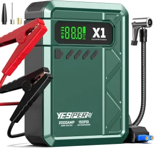 YESPER Jump Starter with Air Compressor 2000A 150PSI Battery Jumper Starter Portable(8L Gas/6L Diesel), 12V Car Jump Pack Battery Charger Jump Box with Jumper Cables, LCD Display, Lights