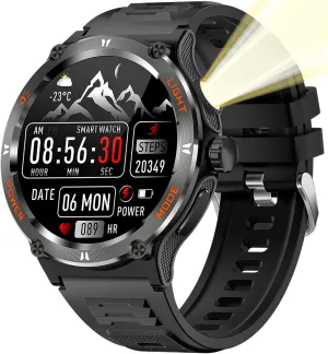 Yihou Smart Watch with Compass and Flashlight, Military Activity Tracker for Android iOS（Bluetooth Call Answer/Dial Calls） Rugged Smartwatch AI Voice Assistant/Heart Rate/Blood Pressure