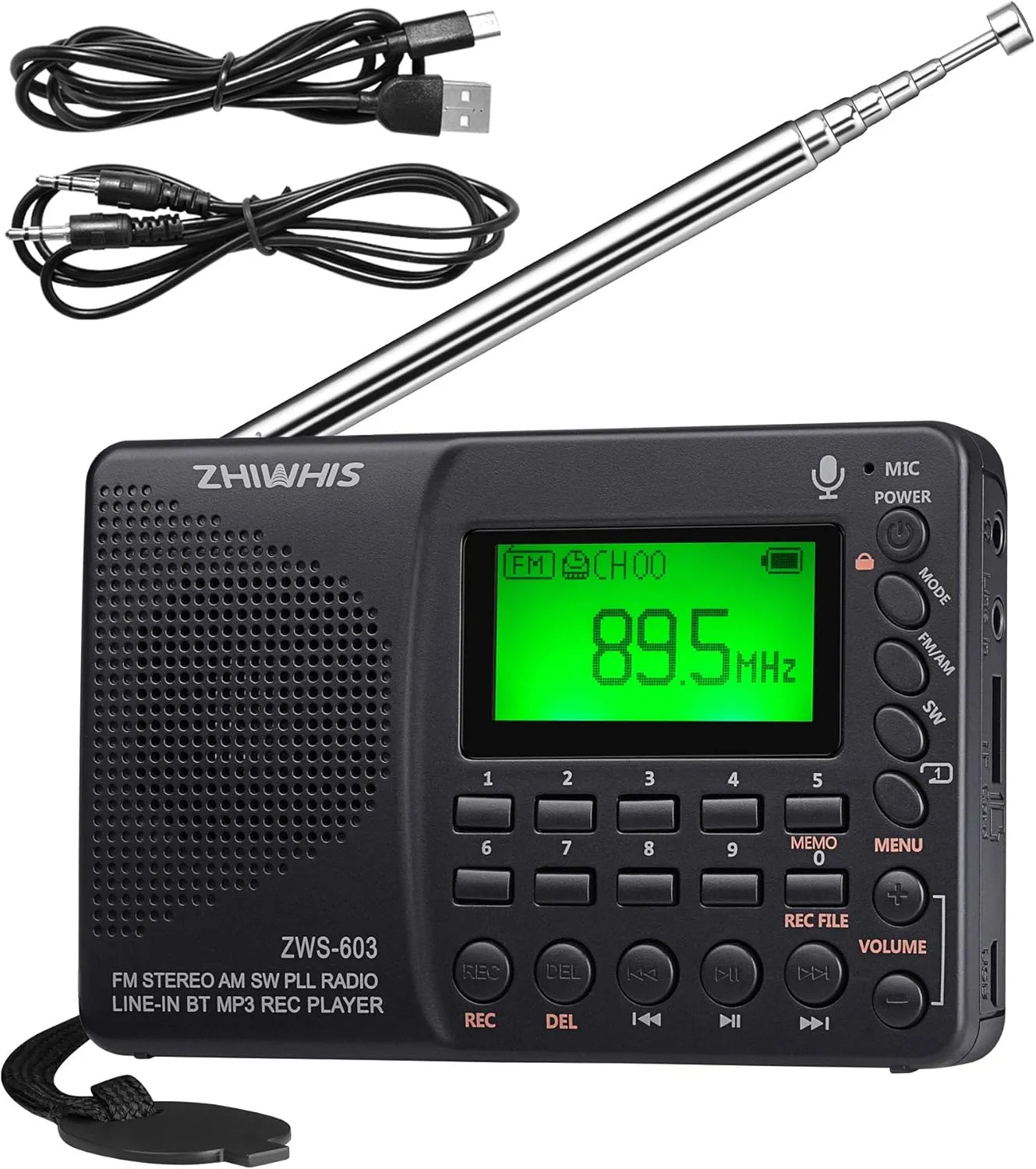 ZHIWHIS Portable Bluetooth Radio, FM AM Shortwave Radios with Sleep Timer and Preset Function, Rechargeable Digital Recorder, Stereo MP3 Player with Lyric Display, Support Micro SD Card and AUX