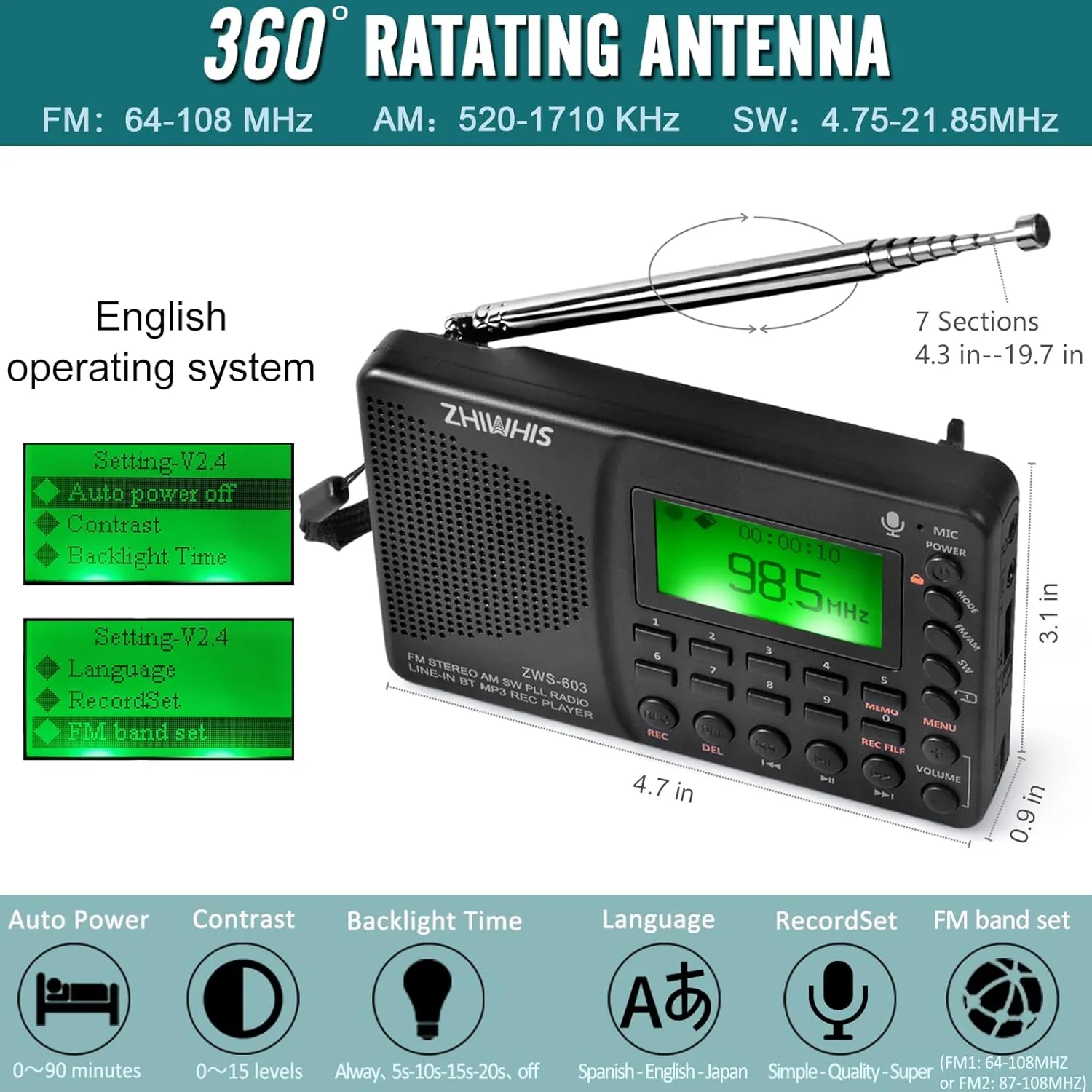 ZHIWHIS Portable Bluetooth Radio, FM AM Shortwave Radios with Sleep Timer and Preset Function, Rechargeable Digital Recorder, Stereo MP3 Player with Lyric Display, Support Micro SD Card and AUX