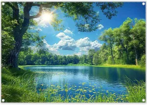 ZTHMOE Fabric 7x5ft Lake Natural Scenery Backdrop River Forest Tree Blue Sky Background Picnic Camping Hiking Spring Outdoor Party Decorations Photoshoot Banner Props