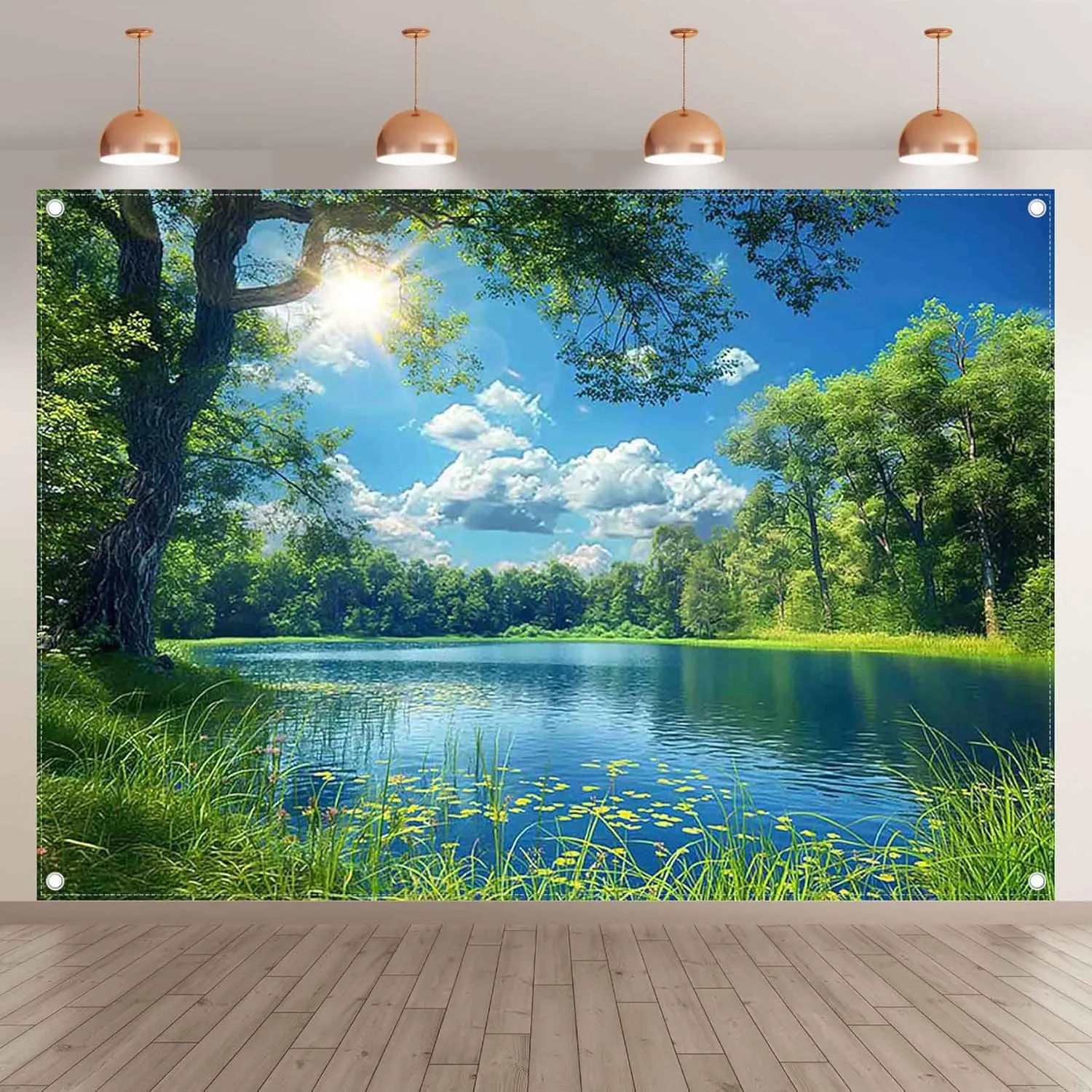 ZTHMOE Fabric 7x5ft Lake Natural Scenery Backdrop River Forest Tree Blue Sky Background Picnic Camping Hiking Spring Outdoor Party Decorations Photoshoot Banner Props