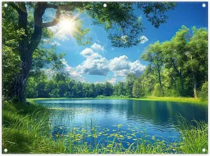 ZTHMOE Fabric 8x6ft Lake Natural Scenery Backdrop River Forest Tree Blue Sky Background Picnic Camping Hiking Spring Outdoor Party Decorations Photoshoot Banner Props