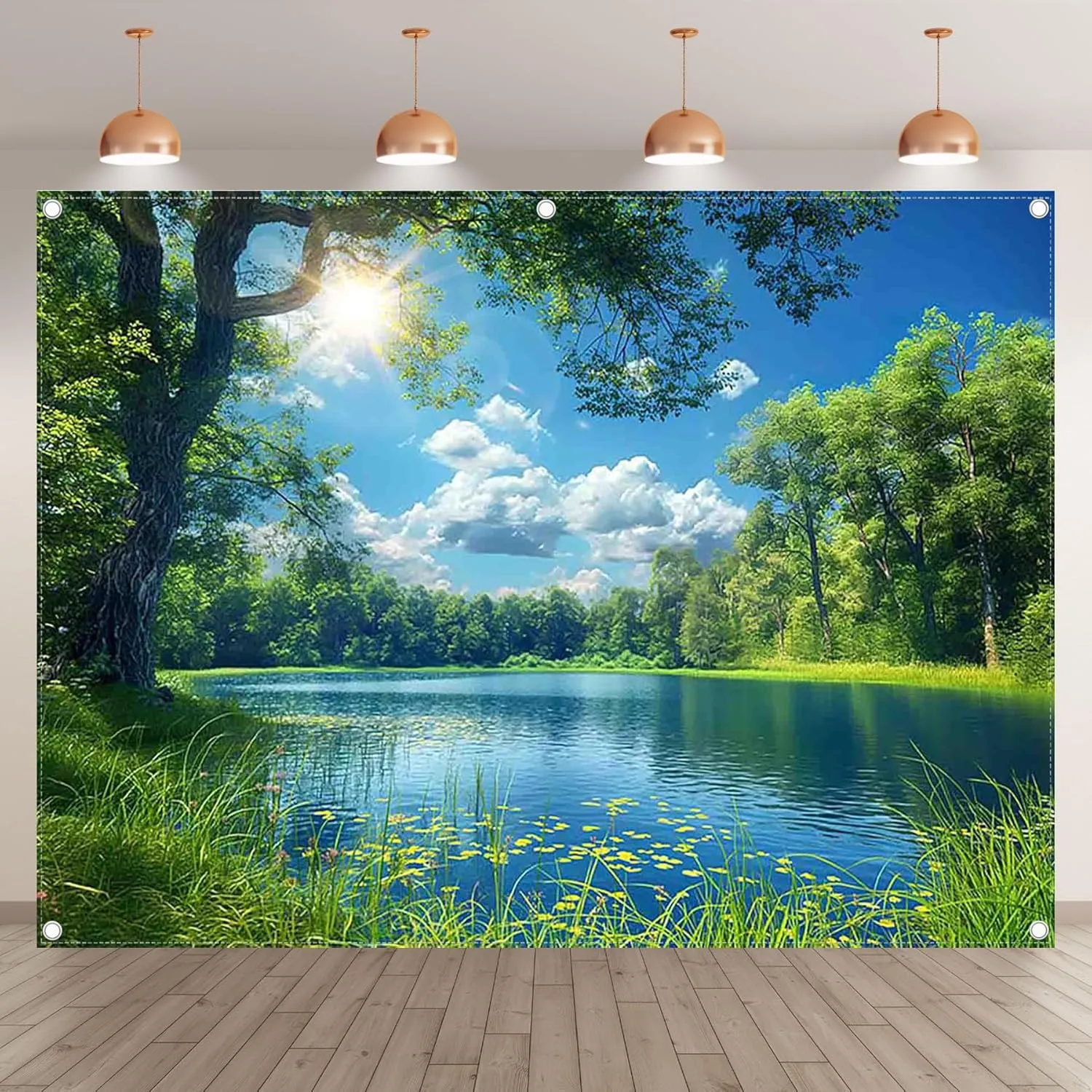 ZTHMOE Fabric 8x6ft Lake Natural Scenery Backdrop River Forest Tree Blue Sky Background Picnic Camping Hiking Spring Outdoor Party Decorations Photoshoot Banner Props