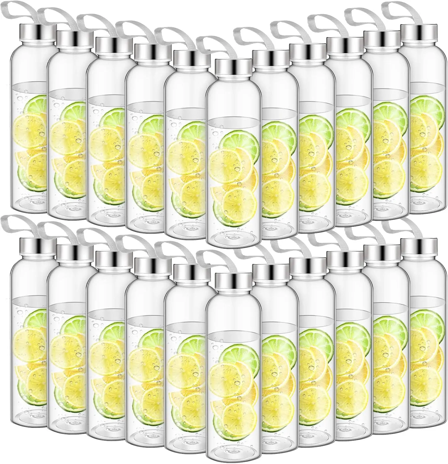 Zubebe 20 Pcs Reusable Water Bottles Bulk Clear Bottles with Stainless Steel Leak Proof Lids Acrylic Bottles with Nylon Carrying Strap Shaker Bottles for Water, Milk, Smoothie, Juice Beverage