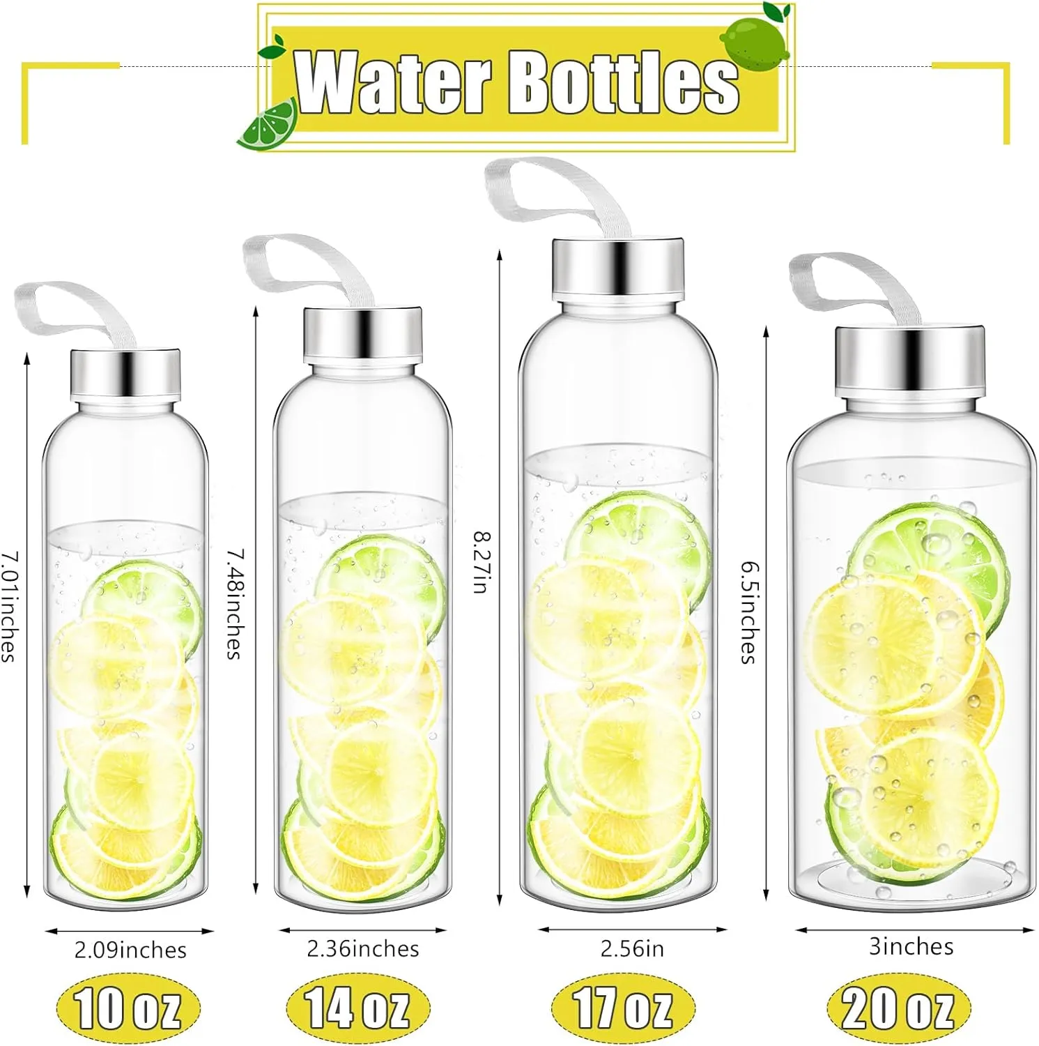 Zubebe 20 Pcs Reusable Water Bottles Bulk Clear Bottles with Stainless Steel Leak Proof Lids Acrylic Bottles with Nylon Carrying Strap Shaker Bottles for Water, Milk, Smoothie, Juice Beverage