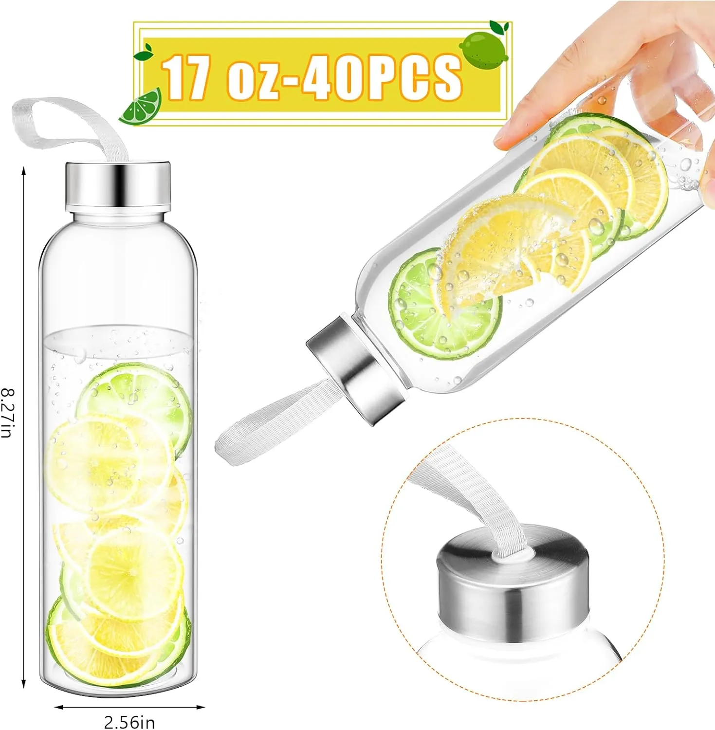 Zubebe 20 Pcs Reusable Water Bottles Bulk Clear Bottles with Stainless Steel Leak Proof Lids Acrylic Bottles with Nylon Carrying Strap Shaker Bottles for Water, Milk, Smoothie, Juice Beverage
