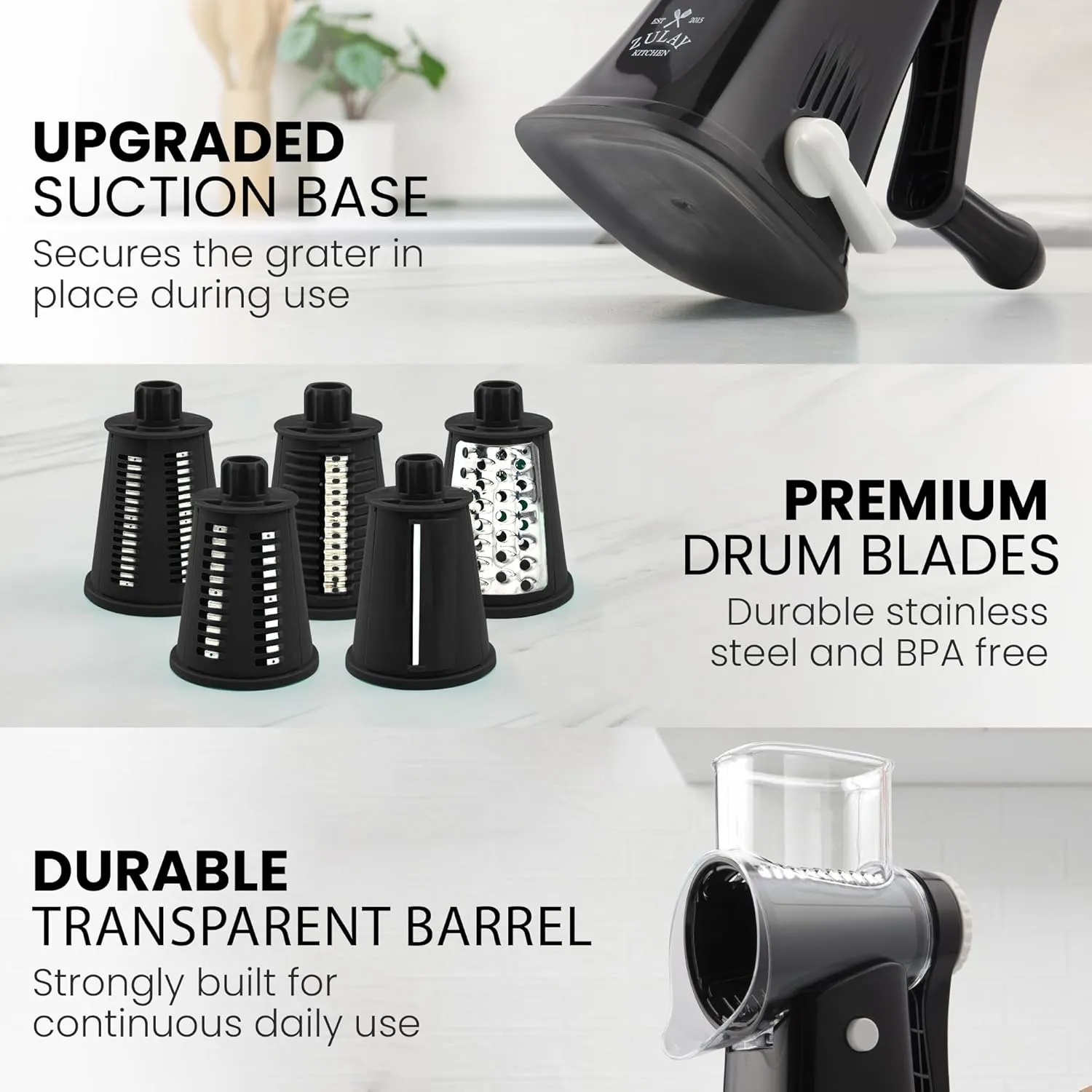 Zulay Kitchen Rotary Cheese Grater 5 Blade Cheese Shredder - Manual Hand Crank Cheese Grater With Reinforced Suction & 5 Interchangeable Drums - Easy to Use, Vegetable Chopper Round Mandoline Slicer