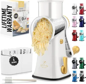 Zulay Kitchen Rotary Cheese Grater 5 Blade Cheese Shredder - Manual Hand Crank Cheese Grater With Reinforced Suction & 5 Interchangeable Drums - Easy to Use, Vegetable Chopper Round Mandoline Slicer