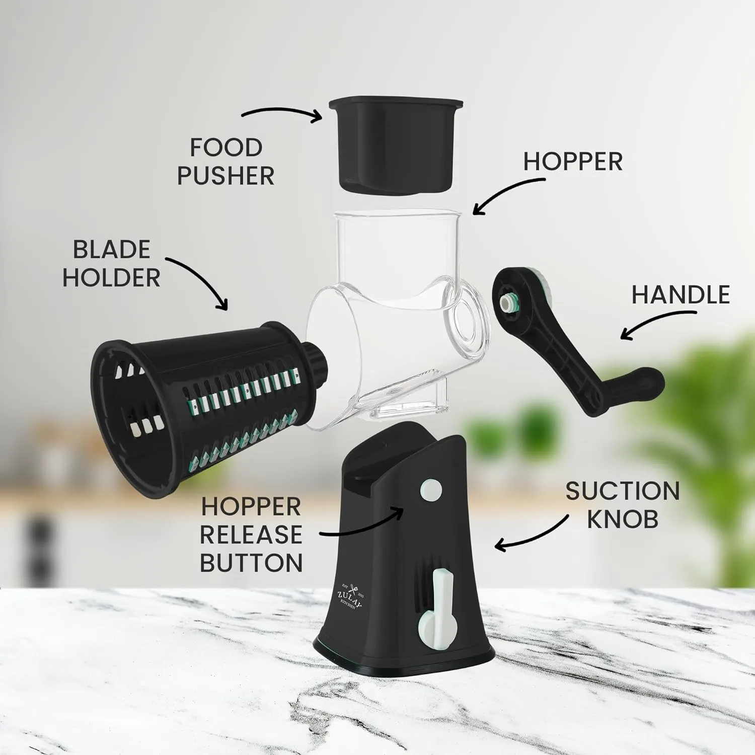 Zulay Kitchen Rotary Cheese Grater 5 Blade Cheese Shredder - Manual Hand Crank Cheese Grater With Reinforced Suction & 5 Interchangeable Drums - Easy to Use, Vegetable Chopper Round Mandoline Slicer