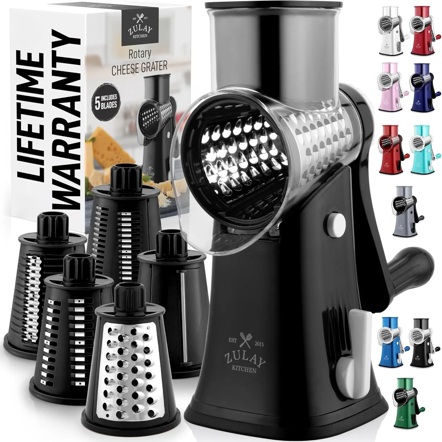 Zulay Kitchen Rotary Cheese Grater 5 Blade Cheese Shredder - Manual Hand Crank Cheese Grater With Reinforced Suction & 5 Interchangeable Drums - Easy to Use, Vegetable Chopper Round Mandoline Slicer